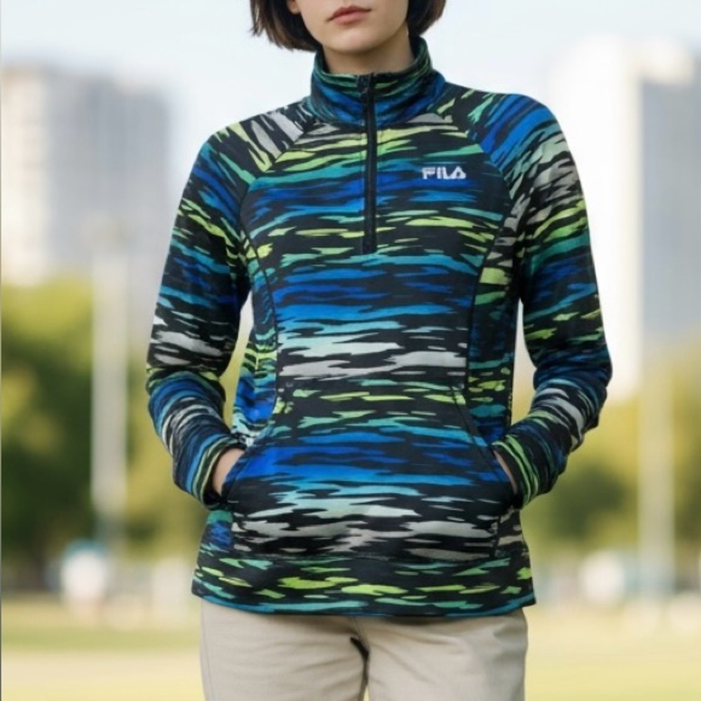 Fila Sport Women’s Blue and Green Patterned Pullover
Size X-Small
